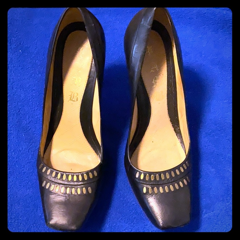 L.A.M.B. Black leather with gold heels